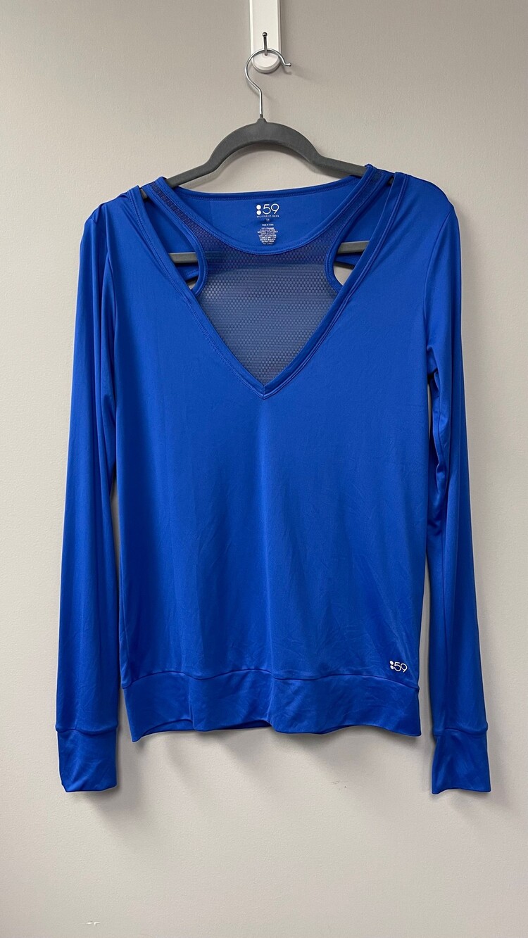 Splits:59 athetic medium blue polyester long sleeve top with mesh panel